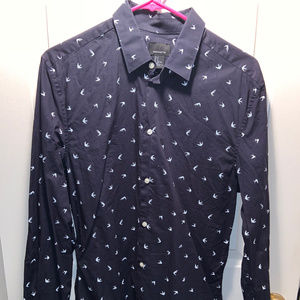H&M Navy Button Up Dress Shirt with Bird Design